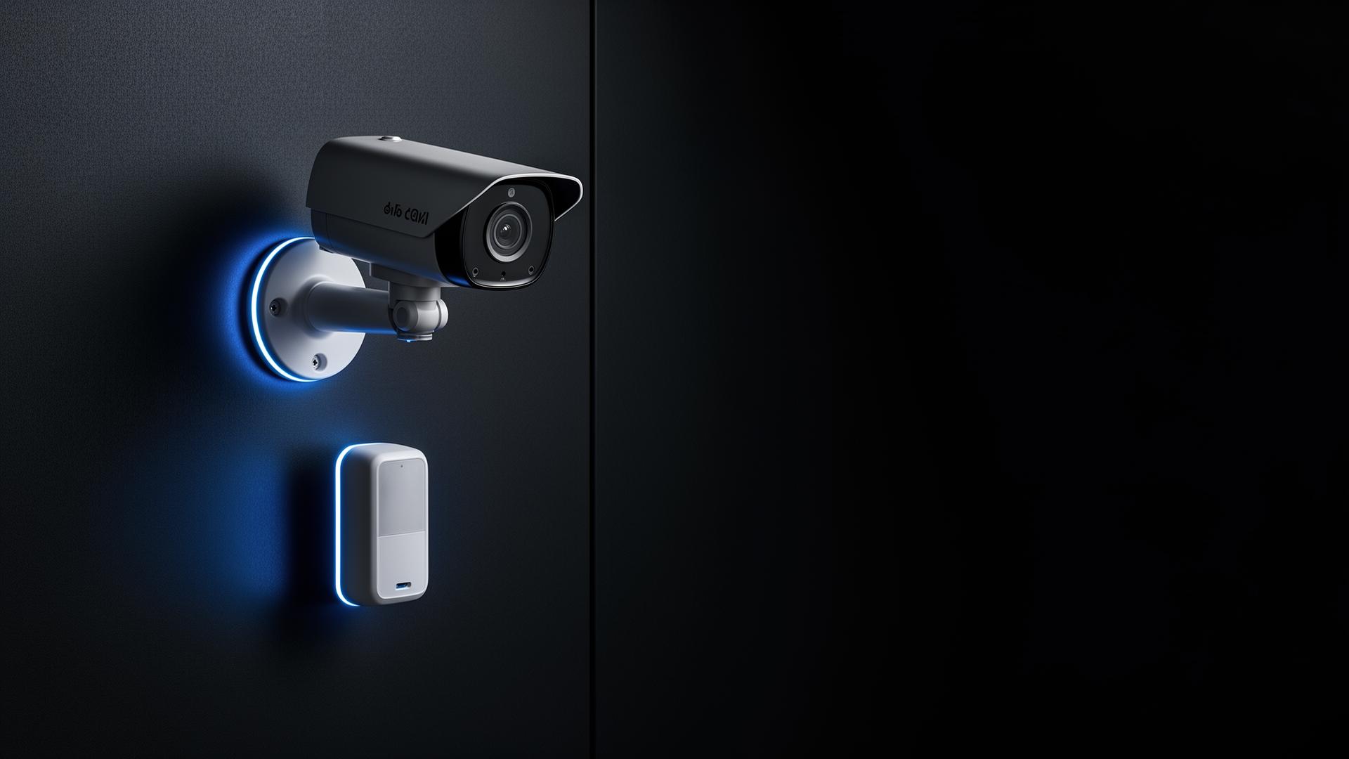 Security camera with blue LED on a dark wall